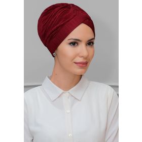 Hürrem Bone 1824_16 Bordo Fukuro Piliseli Tek Çapraz Büzgülü Pratik Hazır Geçmeli Tesettür Bone