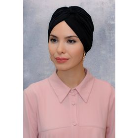 Hürrem Bone 1831_01 Siyah Fukuro Sandy Kumaş Büzgülü Pratik Hazır Geçmeli Tesettür Bone
