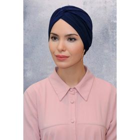 Hürrem Bone 1831_02 Lacivert Fukuro Sandy Kumaş Büzgülü Pratik Hazır Geçmeli Tesettür Bone