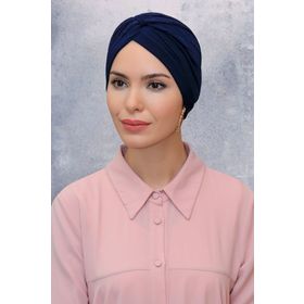 Hürrem Bone 1831_02 Lacivert Fukuro Sandy Kumaş Büzgülü Pratik Hazır Geçmeli Tesettür Bone