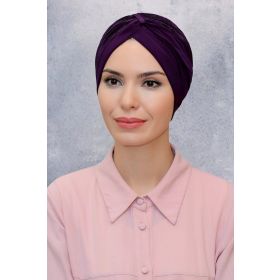 Hürrem Bone 1831_07 Mürdüm Fukuro Sandy Kumaş Büzgülü Pratik Hazır Geçmeli Tesettür Bone