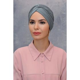 Hürrem Bone 1831_15 Gri Fukuro Sandy Kumaş Büzgülü Pratik Hazır Geçmeli Tesettür Bone