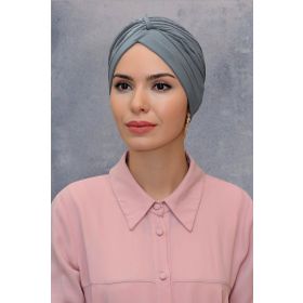 Hürrem Bone 1831_15 Gri Fukuro Sandy Kumaş Büzgülü Pratik Hazır Geçmeli Tesettür Bone