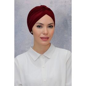 Hürrem Bone 1831_16 Bordo Fukuro Sandy Kumaş Büzgülü Pratik Hazır Geçmeli Tesettür Bone