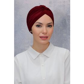 Hürrem Bone 1831_16 Bordo Fukuro Sandy Kumaş Büzgülü Pratik Hazır Geçmeli Tesettür Bone