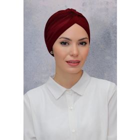 Hürrem Bone 1831_16 Bordo Fukuro Sandy Kumaş Büzgülü Pratik Hazır Geçmeli Tesettür Bone