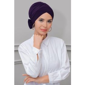 Hürrem Bone 1833_07 Mürdüm Sandy Kumaş Fiyonklu Çift Taraflı Tek Çapraz Pratik Hazır Geçmeli Tesettür Bone