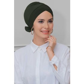 Hürrem Bone 1833_09 Haki Sandy Kumaş Fiyonklu Çift Taraflı Tek Çapraz Pratik Hazır Geçmeli Tesettür Bone