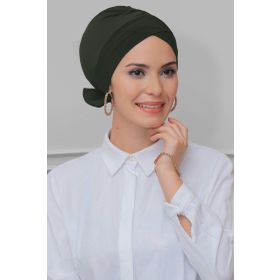 Hürrem Bone 1833_09 Haki Sandy Kumaş Fiyonklu Çift Taraflı Tek Çapraz Pratik Hazır Geçmeli Tesettür Bone