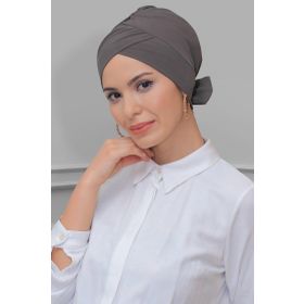 Hürrem Bone 1833_10 Vizon Sandy Kumaş Fiyonklu Çift Taraflı Tek Çapraz Pratik Hazır Geçmeli Tesettür Bone