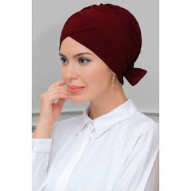 Hürrem Bone 1833_16 Bordo Sandy Kumaş Fiyonklu Çift Taraflı Tek Çapraz Pratik Hazır Geçmeli Tesettür Bone