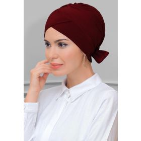 Hürrem Bone 1833_16 Bordo Sandy Kumaş Fiyonklu Çift Taraflı Tek Çapraz Pratik Hazır Geçmeli Tesettür Bone