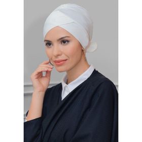 Hürrem Bone 1833_40 Krem Sandy Kumaş Fiyonklu Çift Taraflı Tek Çapraz Pratik Hazır Geçmeli Tesettür Bone