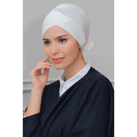 Hürrem Bone 1833_40 Krem Sandy Kumaş Fiyonklu Çift Taraflı Tek Çapraz Pratik Hazır Geçmeli Tesettür Bone