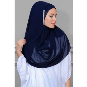 Hürrem Bone 1850_02 Lacivert Şifon Taşlı Pratik Hazır Geçmeli Malezya Şal