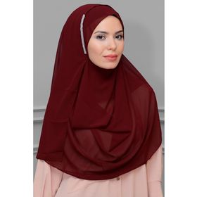 Hürrem Bone 1850_16 Bordo Şifon Taşlı Pratik Hazır Geçmeli Malezya Şal