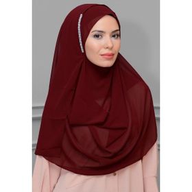 Hürrem Bone 1850_16 Bordo Şifon Taşlı Pratik Hazır Geçmeli Malezya Şal