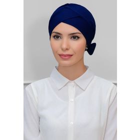 Hürrem Bone 1865_02 Lacivert Petekli Fiyonklu Çift Taraflı Tek Çapraz Pratik Hazır Geçmeli Tesettür Bone