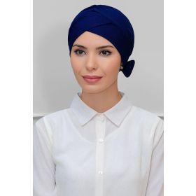 Hürrem Bone 1865_02 Lacivert Petekli Fiyonklu Çift Taraflı Tek Çapraz Pratik Hazır Geçmeli Tesettür Bone