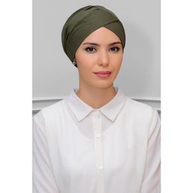 Hürrem Bone 1865_09 Haki Petekli Fiyonklu Çift Taraflı Tek Çapraz Pratik Hazır Geçmeli Tesettür Bone