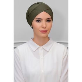Hürrem Bone 1865_09 Haki Petekli Fiyonklu Çift Taraflı Tek Çapraz Pratik Hazır Geçmeli Tesettür Bone