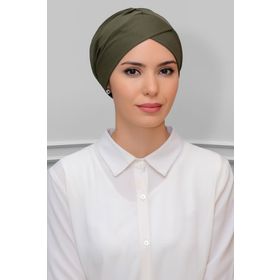 Hürrem Bone 1865_09 Haki Petekli Fiyonklu Çift Taraflı Tek Çapraz Pratik Hazır Geçmeli Tesettür Bone