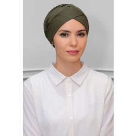 Hürrem Bone 1865_09 Haki Petekli Fiyonklu Çift Taraflı Tek Çapraz Pratik Hazır Geçmeli Tesettür Bone