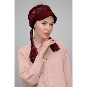 Hürrem Bone 1902_16 Bordo Kesik Elyaf Desenli Şifon Kemerli Şapkalı Tesettür Bone