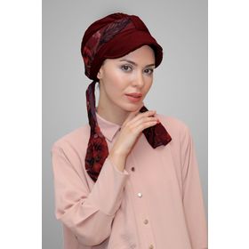Hürrem Bone 1902_16 Bordo Kesik Elyaf Desenli Şifon Kemerli Şapkalı Tesettür Bone