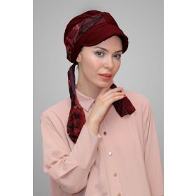 Hürrem Bone 1902_16 Bordo Kesik Elyaf Desenli Şifon Kemerli Şapkalı Tesettür Bone