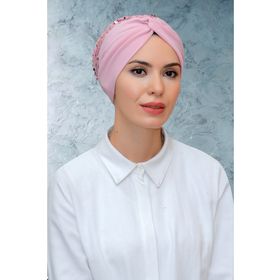 Hürrem Bone 1906_06 Pudra Sandy Kumaş Pullu Büzgülü Pratik Hazır Geçmeli Tesettür Bone