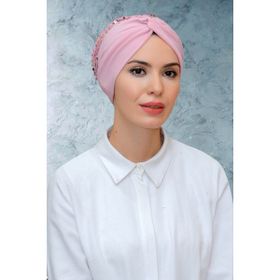 Hürrem Bone 1906_06 Pudra Sandy Kumaş Pullu Büzgülü Pratik Hazır Geçmeli Tesettür Bone