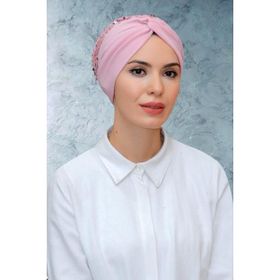 Hürrem Bone 1906_06 Pudra Sandy Kumaş Pullu Büzgülü Pratik Hazır Geçmeli Tesettür Bone