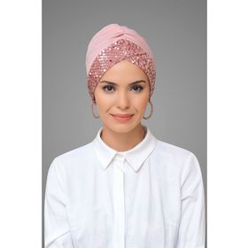Hürrem Bone 1907_06 Pudra Sandy Kumaş Pullu Tek Çapraz Pratik Hazır Geçmeli Tesettür Bone