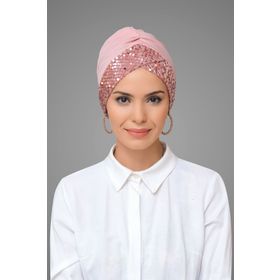 Hürrem Bone 1907_06 Pudra Sandy Kumaş Pullu Tek Çapraz Pratik Hazır Geçmeli Tesettür Bone