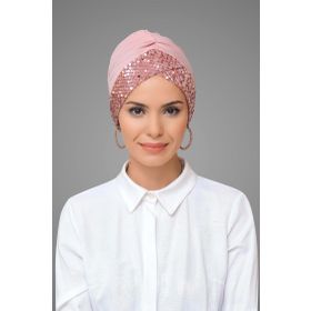 Hürrem Bone 1907_06 Pudra Sandy Kumaş Pullu Tek Çapraz Pratik Hazır Geçmeli Tesettür Bone