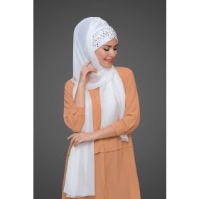 Hürrem Bone 1910_42 Beyaz Şifon Pullu Pileli Arkadan Bağlamalı Şal