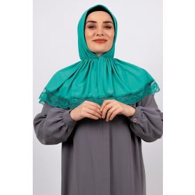 Hürrem Bone 2105-13 Mint Yeşili Viskon Çıtçıtlı Dantelli Geçmeli Eşarp