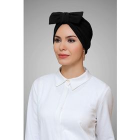 Hürrem Bone 7006_01 Siyah Sandy Kumaş Fiyonklu Büzgülü Pratik Hazır Geçmeli Tesettür Bone