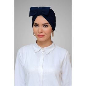 Hürrem Bone 7006_02 Lacivert Sandy Kumaş Fiyonklu Büzgülü Pratik Hazır Geçmeli Tesettür Bone
