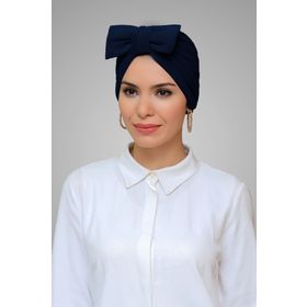 Hürrem Bone 7006_02 Lacivert Sandy Kumaş Fiyonklu Büzgülü Pratik Hazır Geçmeli Tesettür Bone