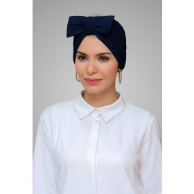 Hürrem Bone 7006_02 Lacivert Sandy Kumaş Fiyonklu Büzgülü Pratik Hazır Geçmeli Tesettür Bone