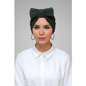 Hürrem Bone 7006_09 Haki Sandy Kumaş Fiyonklu Büzgülü Pratik Hazır Geçmeli Tesettür Bone