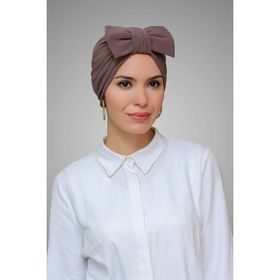 Hürrem Bone 7006_10 Vizon Sandy Kumaş Fiyonklu Büzgülü Pratik Hazır Geçmeli Tesettür Bone