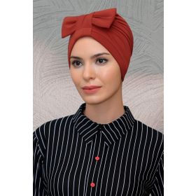 Hürrem Bone 7010_05 Kiremit Sandy Kumaş Fiyonklu Büzgülü Pratik Hazır Geçmeli Tesettür Bone