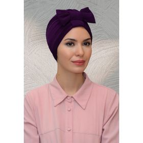 Hürrem Bone 7010_07 Mürdüm Sandy Kumaş Fiyonklu Büzgülü Pratik Hazır Geçmeli Tesettür Bone