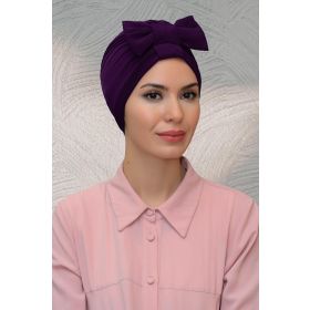 Hürrem Bone 7010_07 Mürdüm Sandy Kumaş Fiyonklu Büzgülü Pratik Hazır Geçmeli Tesettür Bone