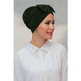 Hürrem Bone 7010_09 Haki Sandy Kumaş Fiyonklu Büzgülü Pratik Hazır Geçmeli Tesettür Bone