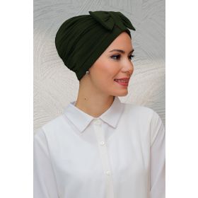 Hürrem Bone 7010_09 Haki Sandy Kumaş Fiyonklu Büzgülü Pratik Hazır Geçmeli Tesettür Bone