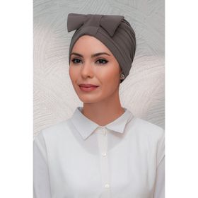 Hürrem Bone 7010_10 Vizon Sandy Kumaş Fiyonklu Büzgülü Pratik Hazır Geçmeli Tesettür Bone